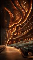 Stunning architectural design of a modern theater with flowing wooden elements and elegant lighting creates an inviting atmosphere for performances photo