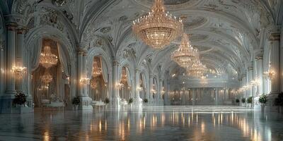 Elegant interior of a grand ballroom featuring chandeliers and polished marble flooring during a lavish event in a historic palace photo
