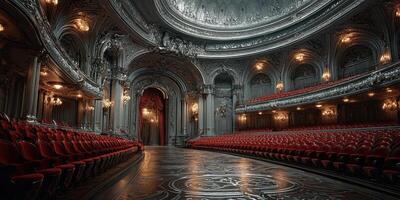 Elegant interior of a historic theater showcasing ornate architecture and empty red seats before a performance at dusk photo