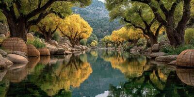 Golden trees reflect in tranquil river surrounded by rocks and serene nature during autumn afternoon photo