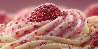 Deliciously decorated dessert with swirls of cream and strawberries at a confectionery shop photo