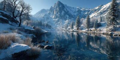 Majestic snowy mountains reflect in calm river during winter morning in peaceful nature landscape photo
