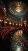 Luxurious vintage theater interior featuring red velvet seats and ornate design photo