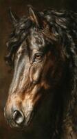 Majestic horse with curly mane gazing intensely in warm light photo
