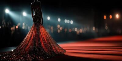 Elegant model showcases stunning dress on a glamorous runway during a nighttime fashion event photo