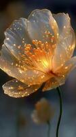 Delicate translucent flower illuminated by soft lights in a serene setting during twilight photo