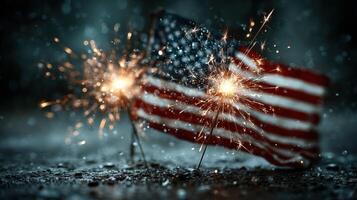 Fireworks illuminate American flag in a celebratory display during festive nighttime gathering photo