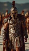 Warrior in ancient armor marches confidently on a battlefield during sunset with fellow soldiers in the background photo