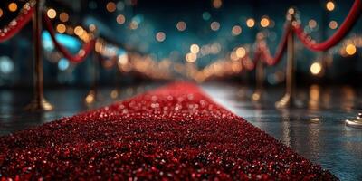 Red carpet entrance with elegant lighting at a glamorous evening event in an urban setting photo