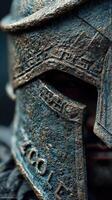Detailed close-up of an ancient warrior's helmet showcasing intricate designs and textures in a dramatic light setting photo