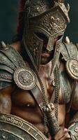 Detailed portrayal of a warrior in ancient armor showcasing strength and resilience in a dramatic setting photo