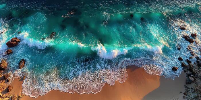 Seaside view capturing gentle waves lapping against golden sandy shore under bright sunlight photo