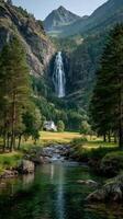 Cascading waterfall near a serene house in a lush valley surrounded by mountains and trees during the day photo