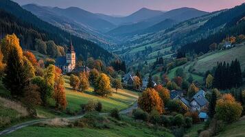 Scenic autumn view of a village nestled in the mountains during twilight hours photo