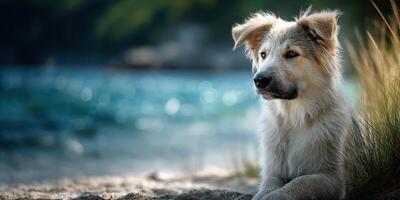 Dog rests by the lake during a sunny afternoon in a peaceful outdoor setting with gentle waves lapping at the shore photo