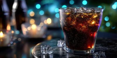 Refreshing drink served in a glass filled with ice against a blurred background of lights and candles in a cozy setting photo