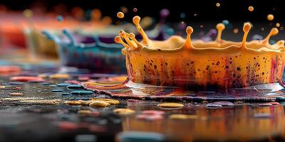 Colorful paint splashes create captivating patterns on a surface during an artistic display event photo