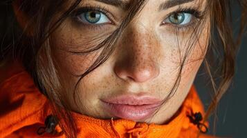 Close-up of a woman with freckles and striking blue eyes wearing an orange hooded jacket in a studio setting during the day photo