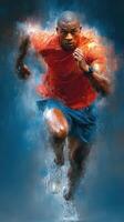 Athlete sprinting in bright orange shirt with dynamic movement during competitive race at outdoor track photo