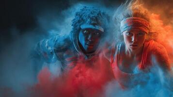 Dynamic duo competes in colorful powder run at outdoor festival in vibrant setting photo