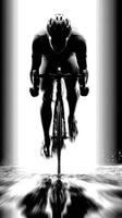 Cyclist racing through water in a dynamic black and white setting during a competitive event photo