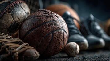 Various sports equipment including a basketball, baseball, and soccer ball arranged on a dark surface in a sports environment photo