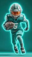 Young athlete runs with football in teal uniform during dynamic sports event in bright lighting photo