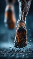 Runner splashes water while sprinting on an outdoor track during a rainstorm in the early morning light photo