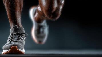 Runner in motion showcasing athletic footwear with a focus on detailed leg muscles in a dark setting photo
