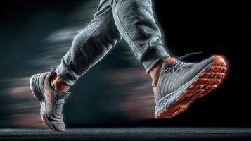 Runner in action on a dark background showcasing athletic footwear during a speed-focused training session photo