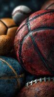 Various sports balls arranged together showcasing textures and details in a close-up setting photo