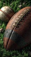 Vintage football and baseball resting on green grass under natural light photo