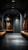 Lockers and benches create a quiet space in a modern changing room at a sports facility during late evening hours photo