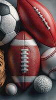 Collection of various sports balls including soccer, football, baseball, and golf on a grey background photo