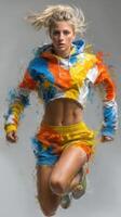 Dynamic female athlete in colorful sportswear jumps in an artistic display of motion and energy photo