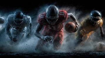Intense football players sprinting towards the goal on a misty night during a competitive match photo