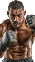 Professional boxer preparing for a match with determination and focus in a training session photo
