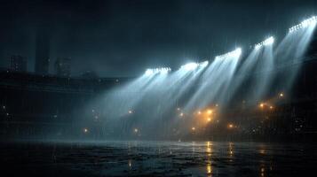 Dramatic rain-soaked stadium illuminated by bright floodlights during a stormy evening photo