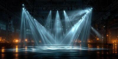 Bright stage lights illuminate an empty venue in preparation for an upcoming performance at dusk photo