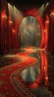 Elegant red curtain stage with a winding carpet and dramatic lighting creates a captivating atmosphere for performances photo
