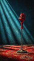 Red vintage microphone stands alone on a vibrant carpet beneath soft blue lighting creating a nostalgic atmosphere photo