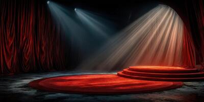 Dramatic stage setup with red curtains and spotlight enhancing the atmosphere for an upcoming performance photo