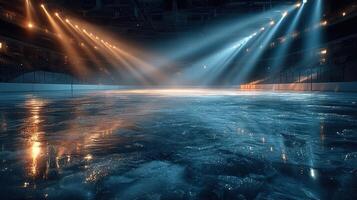Ice rink illuminated by dramatic lighting during an evening hockey game preparation photo