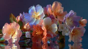 Colorful flowers display vibrant hues on a tranquil surface during the golden hour of late afternoon photo