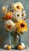 Spring flower arrangement with tulips and daffodils in a glass vase surrounded by decorated eggs photo