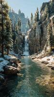 Scenic waterfall cascading into a clear river surrounded by towering pine trees in a mountainous landscape photo
