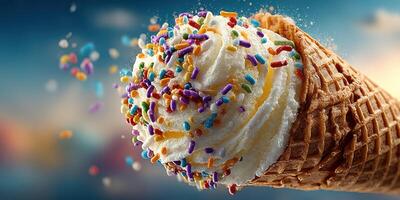 Colorful ice cream cone with sprinkles under a bright sky during sunny weather photo