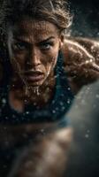 Intense woman training in the rain with a determined expression during early morning workout session photo