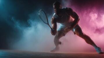 Dynamic tennis player performing an intense shot in a colorful and smoky atmosphere during a competitive match photo