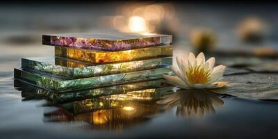 Brightly colored resin blocks resting on water with a lotus flower in serene nature setting during golden hour photo